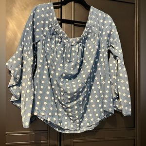 Chambray/polka dot off-the-shoulder blouse, bell sleeve